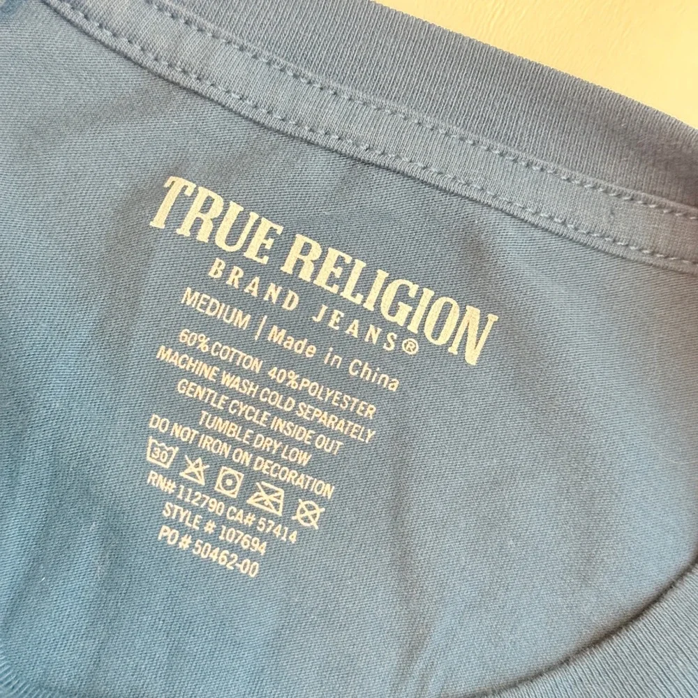 True Religion T-Shirt Mens Medium Blue Buddha Graphic Since 2002 Logo Tee